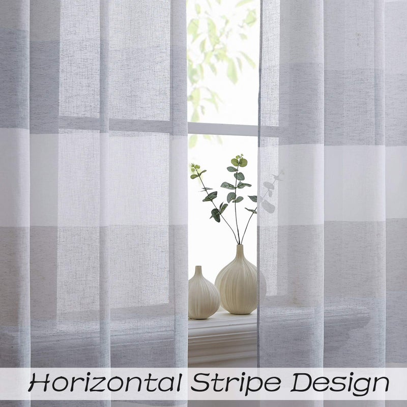 Central Park Gray and Smoke Blue Stripe Sheer Color Block Window Curtain Panel Linen Window Treatment for Bedroom Living Room Farmhouse 95 inches Long with Grommets, 2 Panel Rustic Drapes - Image 2
